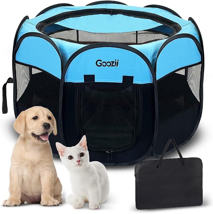 Goozii Dog Playpen for Large Dogs Portable Collapsible, Indoor Outdoor Cat Pet Puppy Exercise Play Pen Tent Crate Cage with Zipper Door Top Cover Floor for Camping (Large Size, Blue)