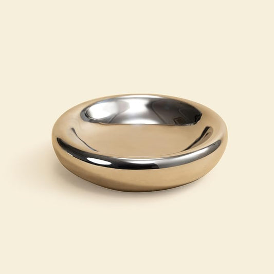 Pebble Pet Bowl Flat Chrome, Ergonomic Dog Cat Feeding Bowl, Flat-Faced Breed, Tilted Ceramic Pet Food Dish, Scooper Eater, Anti-Spill Design, Dishwasher Safe, Modern Pet Bowl, Dry & Wet Diet