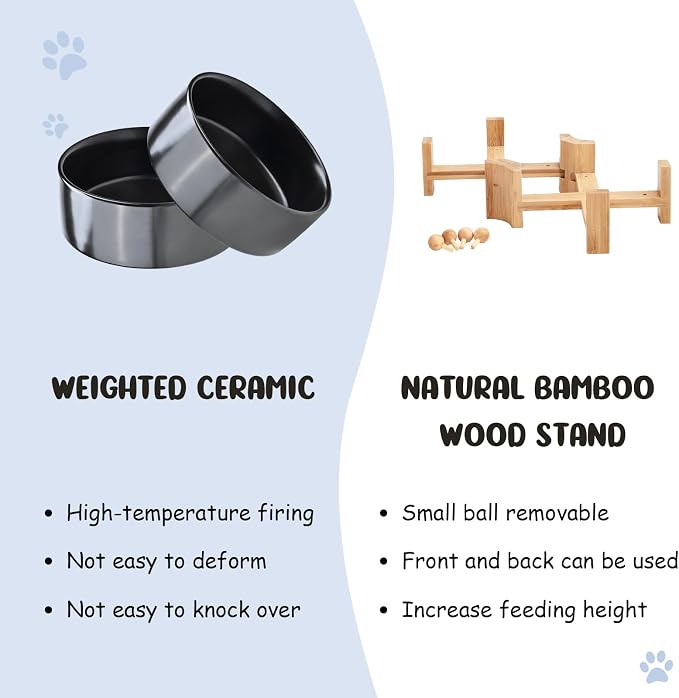 SPUNKYJUNKY 15° Slanted Ceramic Dog and Cat Bowl with Wooden Stand, Tilted Bulldog Food and Water Bowl No Slip Non-Spill for Cats Medium Dogs Big Face Pets 28.7 OZ (3.6 Cups, Black × 2)