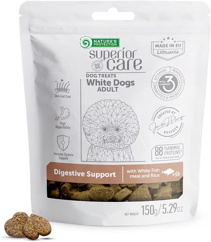 Nature's Protection Low Calorie Dog Treats for Training - Functional Treats for Digestion, Perfect for Small, Medium & Large Breed Dogs with Light Fur (Superior Care - White Fish & Rice, 5.29 oz)