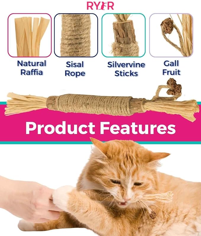 RYERCAT Silvervine Sticks for Cats - 100% Natural Cat Chew Toy for Aggressive Chewers and Kitten Teething - Pet Friendly, Smooth Finish, Irresistible Taste and Smell (5 Pack)