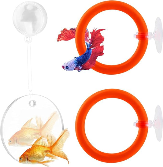 2pcs Bettas Fish Enrichment Toys Ring, with Mirror/Floating Ball, Exercise Floating Mirrors and Training Ring for Fish Tank, Aquarium Feeding Rings Accessories (Orange)
