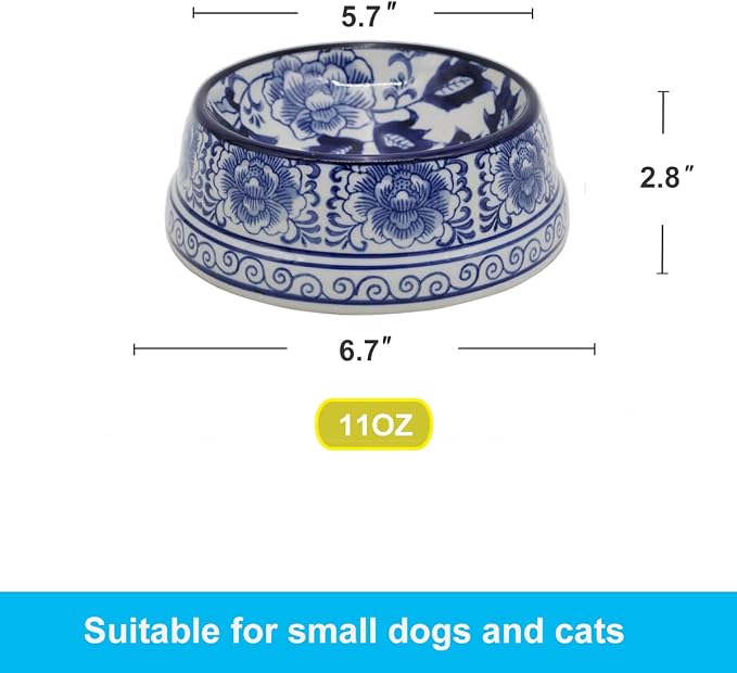 Aimusego Blue and White Flower Pattern Ceramic Dog Food Dish for Small Medium Dogs and Cat,Heavy Non-Slip Porcelain Pet Bowl for Food and Water -6.7inch