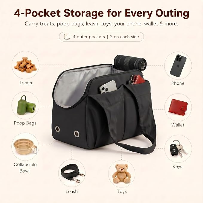 Fashion Dog Purse Carrier for Small Dogs, Soft-Sided Dog Bag Carrier with 4 Large Pockets, No Collapse, Lightweight, Smart Zipper Lock, Puppy Tote Bag for Cats Rabbit Carrier for Travel(Black)