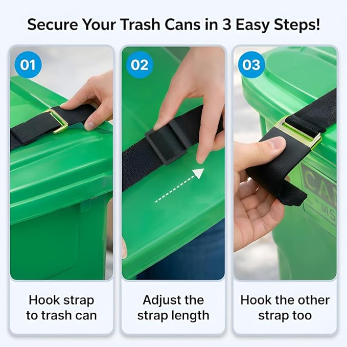 Premium 2X Outdoor Trash Can Locks for Animals Universelle Garbage Straps Lid Wheelie Bin Locks Enclosure Clips Out Raccoon Hide Outside Strap Resistant Security Critter Trashcan Deterrent