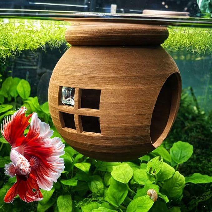 Floating Cozy Betta House, Natural Floating Betta Hide Out, Aquarium Hammock, Relaxing & Stress Relief, Suction Cup Included, 2.9" W x 2.6" H