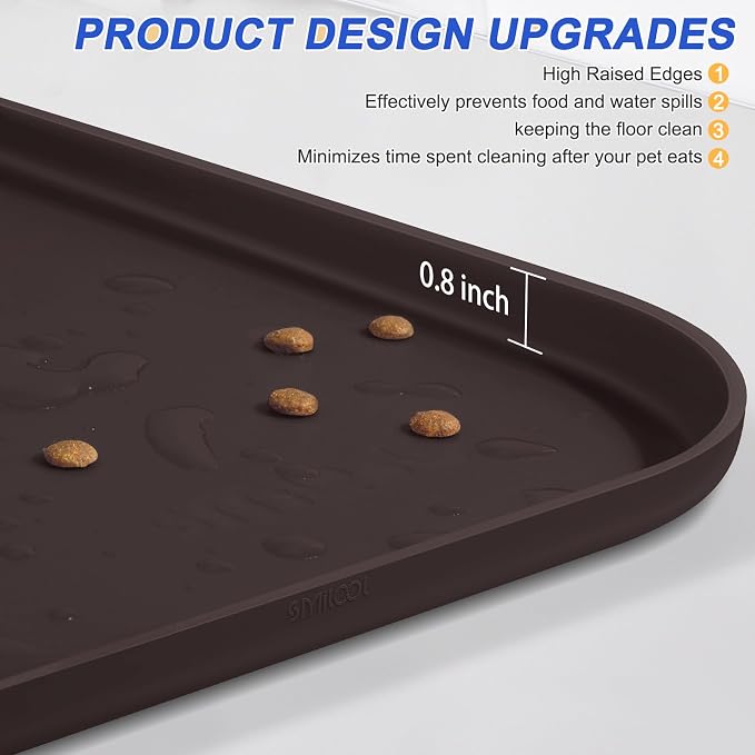 SMILOOL Waterproof Silicone Pet Food Mat with Raised Edge for Dog & Cat | 24" x 16" Non-Slip Pet Feeding Mats with Lip for Food & Water Bowl, Food Grade, Easy Cleaning, Dark Brown