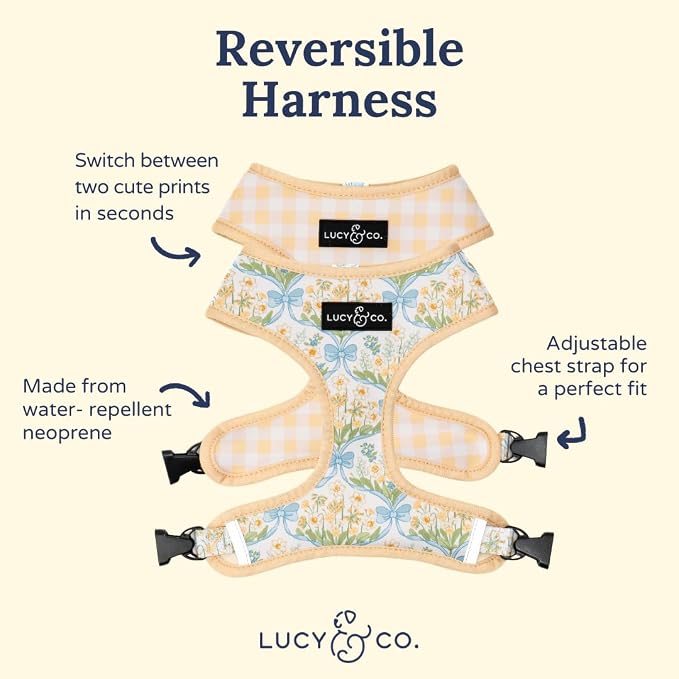 Lucy & Co. Reversible Dog Harness - Water-Repellent Neoprene, Dual-Print Design, Easy Swap Style, Adjustable Comfort Fit - Sunshine Daffodils Reversible Harness - Large