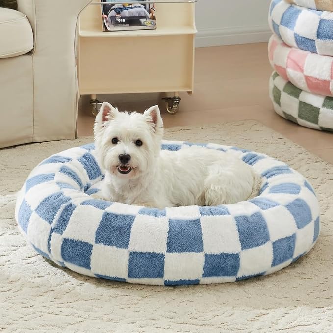 Ohocut Checkered Dog Bed, Cute Blue Retro Style Aesthetic Round Warming Pet Calming Beds for Small Dog and Cats, Plush Cozy Donut Dog Beds Washable, 30" L x 30" W x 8" Th