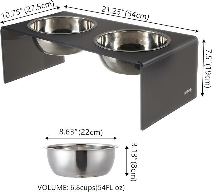 DBL2001J Keaton 7.5" Medium/Large Modern Acrylic Rectangular Elevated Pet Feeder with 54oz 2-Stainless Steel Bowls, Dark Gray/Chrome