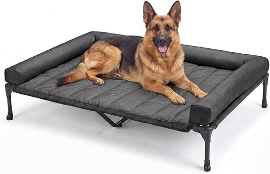 Veehoo Outdoor Elevated Dog Bed with Waterproof Bolster Cushion, Cooling | Raised Dog Bed with Removable & Washable Mat Topper, Breathable Mesh, Dog Couch Cot for Indoor Outdoor, 53", Large, Black