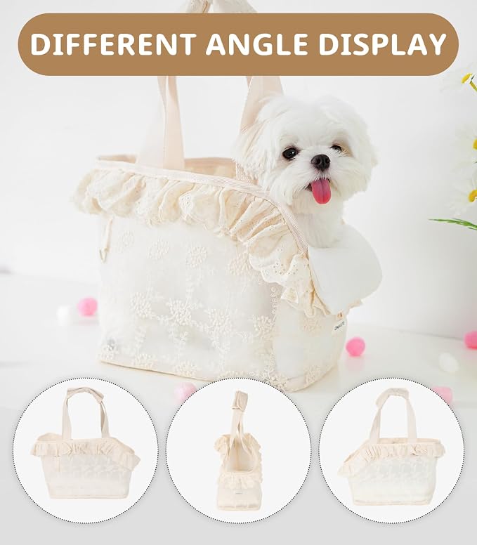 ONECUTE Dog Carrier for Small Dogs Rabbit cat with Lace Design, Cotton Bag, Dog Carrier Soft Sided, Collapsible Travel Puppy Carrier (Beige, 9.4" L x 5.9" W x 9.4" H)
