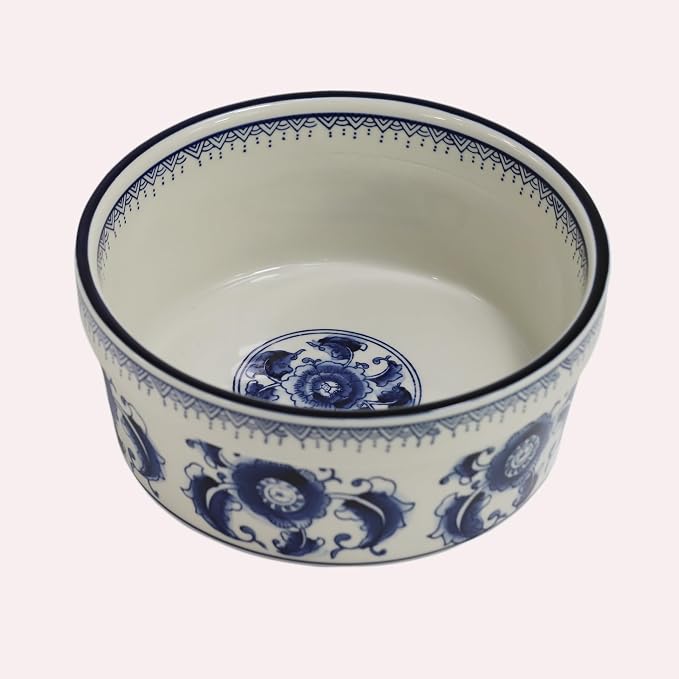 Handpainted Blue & White Porcelaine Large 45OZ Dog Bowls, Non Slip Heavy Ceramic Dog Pets Feeding Wet or Dry Food and Water Bowls Dish -7.5"