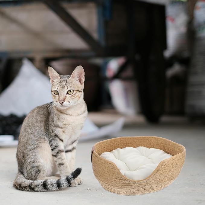 FRCOLOR Woven Cat Bed with Cushion Breathable Summer Pet Nest Cat Sleeping Bed for Cats and Small Dogs Indoor Pet Sleeping House 12.99 X 12.40 X 5.11 in