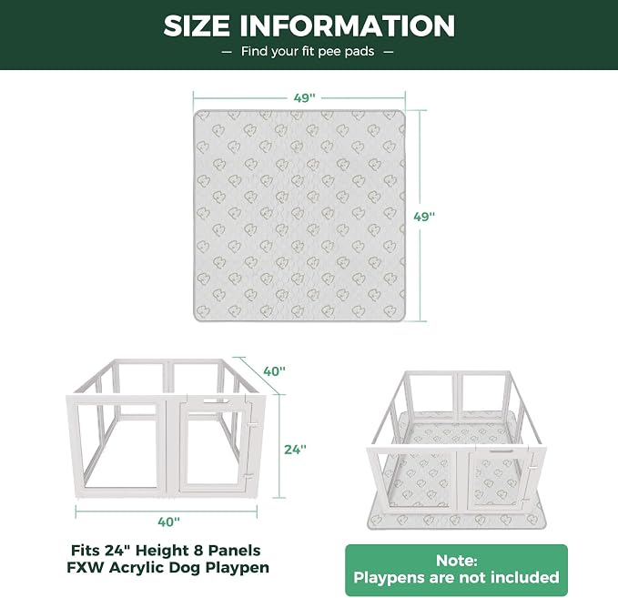 FXW Washable Pee Pads for Dogs, Super Absorbent, 49" Square, 2 Packs | Machine washable, Non-slip backing, Fits 24"H 8-Panel FXW AuraSpace Acrylic Playpens
