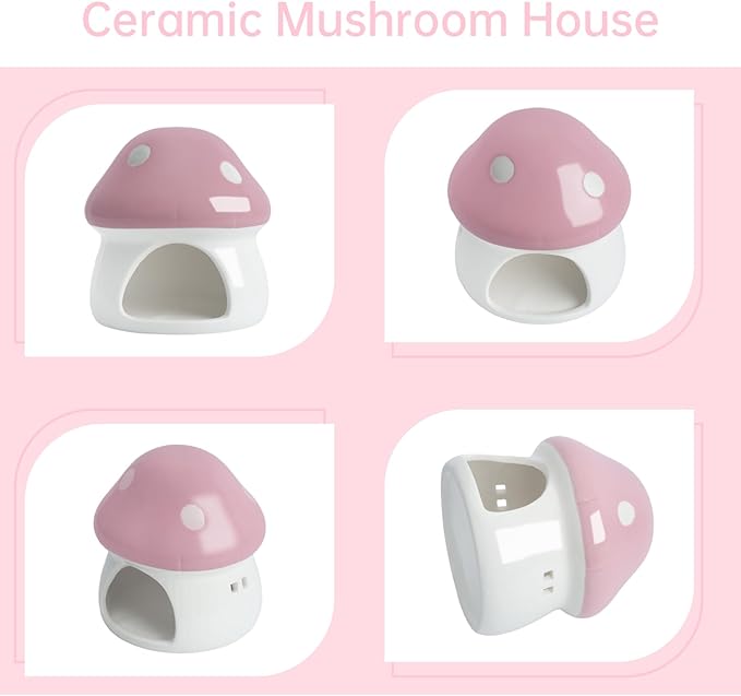 AnRui Ceramic Mushroom Aquarium Decor Cute Mini House Betta Fish Tank Accessories Decoration Hideaway Hideout Cave Ornament for Small Fish, Shrimp, Goldfish and Reptiles (Pink, Large)
