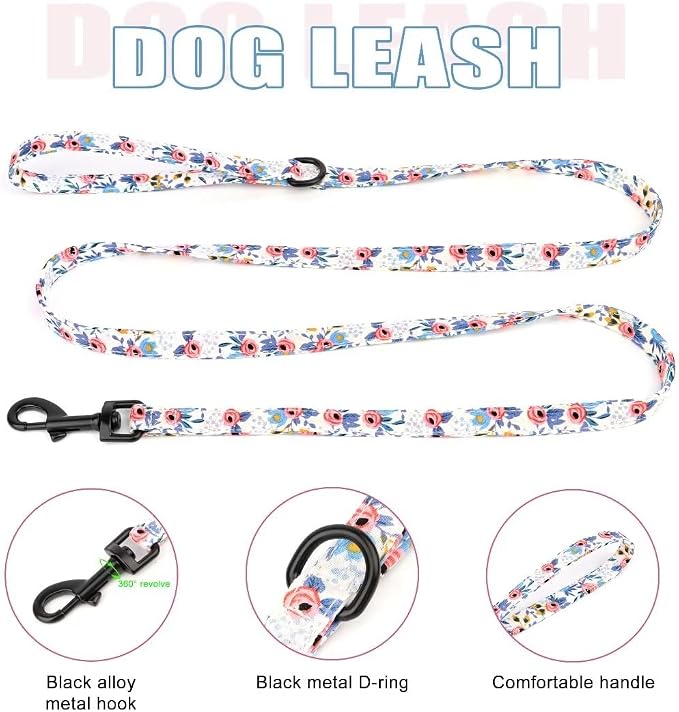 Beirui Cute Dog Collars,Harnesses,Leashes Set, Floral Pattern, Blue,XXS | Girl Dog Harness Set with Flower, Adjustable and Soft Mesh Lining, For Puppies Small & Extra Small Dogs Daily Walks
