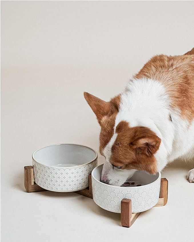 LE TAUCI Ceramic Dog Bowls with Acacia Wood Stand - 7 Inch Food & Water Set for Medium-Large Dogs - Weighted Pet Bowls
