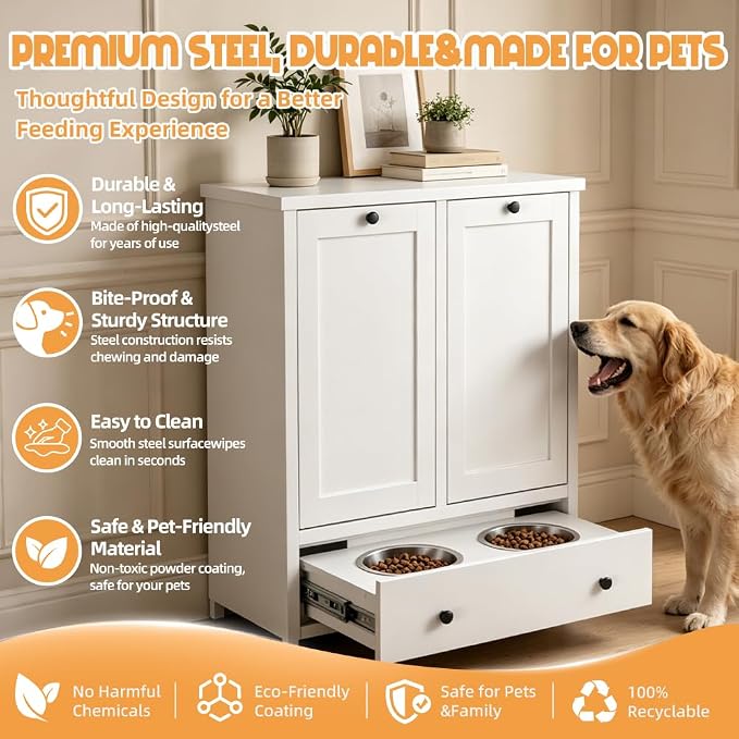 Dog Feeding Station Cabinet with Storage, Metal Pet Feeding Station with Storage, Tilt-Out Dog Food Storage Cabinet with 2 Stainless Steel Bowls, Hidden Feeding Station for Dogs & Cats, White