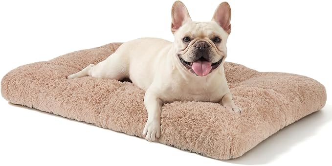 JOEJOY Dog Bed Crate Pad, Deluxe Plush Washable Dog Beds Fulffy Soft Kennel Pad Anti-Slip Pet Sleeping Mat for Medium Small Dogs, 29" x 21", Beige