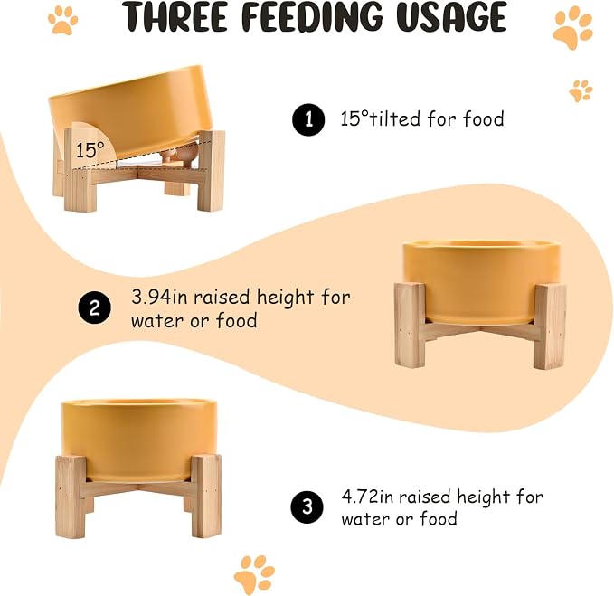 SPUNKYJUNKY 15° Slanted Ceramic Dog and Cat Bowl with Wooden Stand, Tilted Bulldog Food and Water Bowl No Slip Non-Spill for Cats Medium Dogs Big Face Pets 28.7 OZ (3.6 Cups, Yellow)
