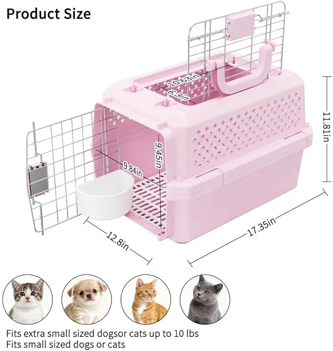 RIZZARI Pet Carrier for Small Dogs & Cats, Airline Approved Travel Carrier | Airline Approved Size,Durable Metal Door,Top Carry Handle,Ventilated Design,Includes Feeding Bowl