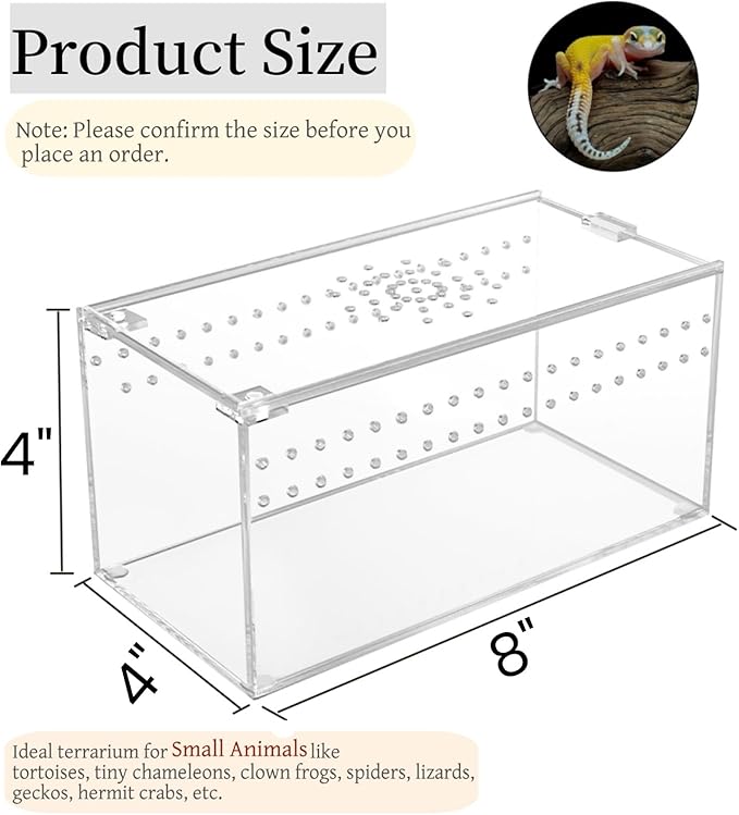 Tlence Acrylic Tarantula Enclosure Terrarium, 8" x 4" x 4" Small Magnetic Reptile Tank, Micro Spider Breeding Habitat Cage, Clear Ventilated Lizard Display Box for Hermit Crab Invertebrates Scorpion