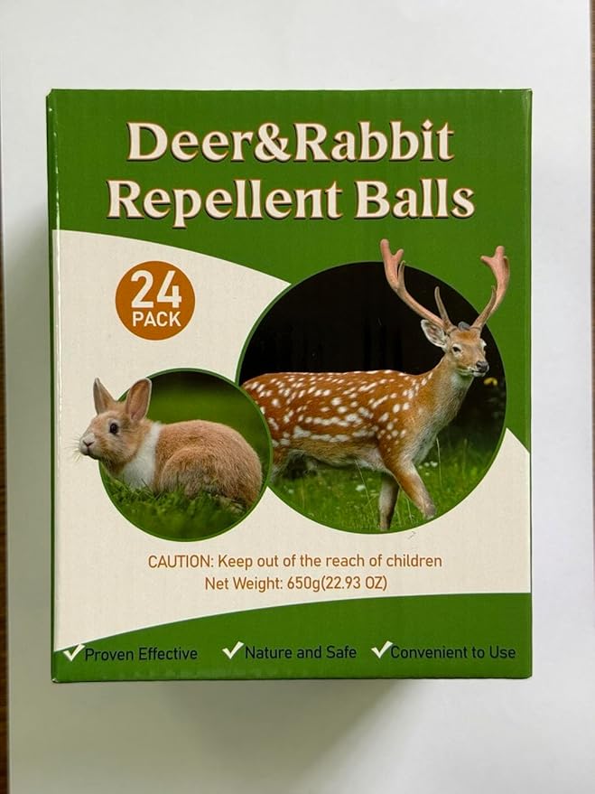 24 Pack Deer & Rabbit Repellent Balls for Outdoor Use, Long-Lasting Scent Deterrent, Helps Protect Plants, Garden, Lawn & Yard from Browsing Animals