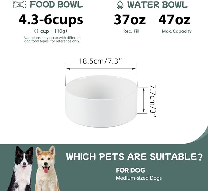 Havniva Ceramic Dog Bowls, 7.3” Dog Food and Water Bowl, Pet Feeding Bowl | Dog Food Bowl for Medium Dogs, Food-Grade Ceramic, Dog Water Bowl with Non-Slip Rubber Base, Large Capacity, Dishwasher Safe