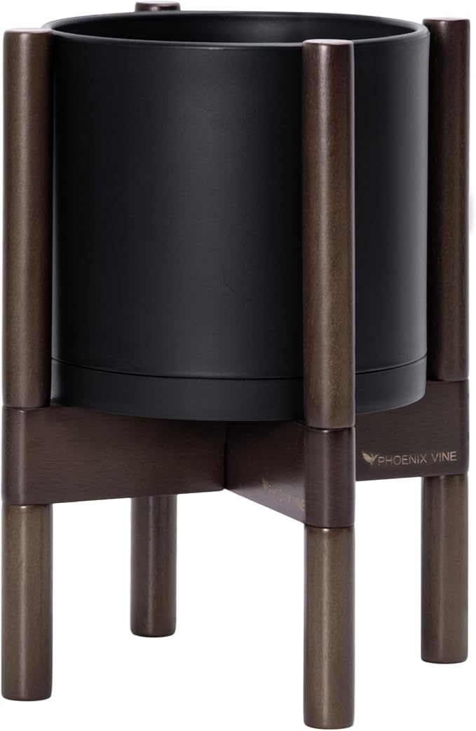 D'vine Dev Plastic Pot with Walnut Wood Stand, Black, 8 in, 55-C-I-2 | Mid-Century Inspired Design, Elevated Plant Display, Clean Lines, Sturdy Support, Modern Space-Saving Style