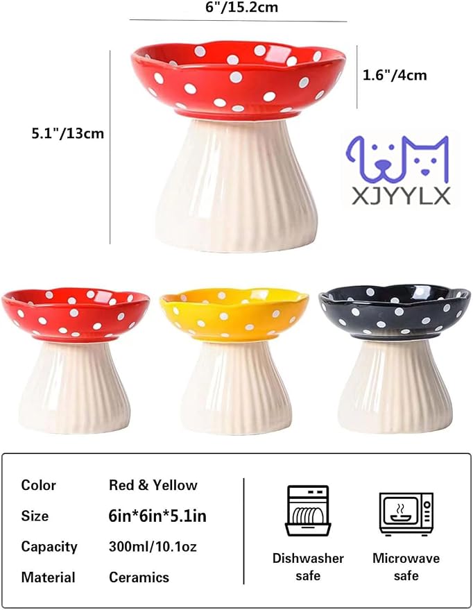 Mushroom Elevated Cat Bowls Ceramic, Cute Cat Bowls Whisker Fatigue | Raised Cat Bowl for Indoor Cats, Raised Dog Bowls Stand for Food and Water, Black 6" Wide for Adult Cats