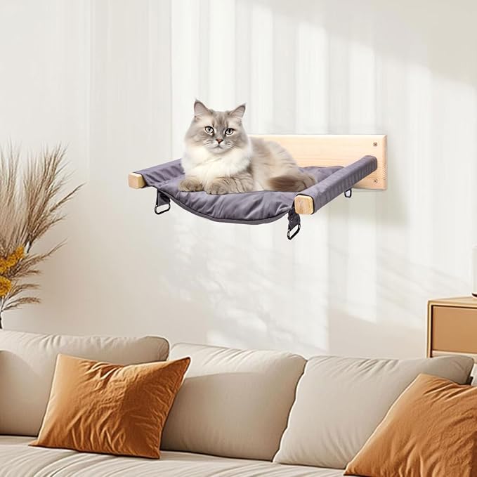 JSPYFITS Wooden Cat Furniture Wall Mounted, Double Layer Hammock, Large Size 18.9″ Removable Multi-Function Cat Bed for Sleep/Play/Climb, Kitten Window Perch, Easy DIY Installation(Grey)