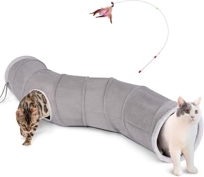 Ownpets S-Shape Cat Tunnel Toy 48"L x 10"D, for Cats, Puppies & Small Pets | Collapsible for storage, tear-resistant oxford fabric, connects to other tunnel, with peek hole, feather wand, indoor/outdoor