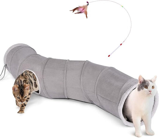 Ownpets S-Shape Cat Tunnel Toy 48"L x 10"D, for Cats, Puppies & Small Pets | Collapsible for storage, tear-resistant oxford fabric, connects to other tunnel, with peek hole, feather wand, indoor/outdoor