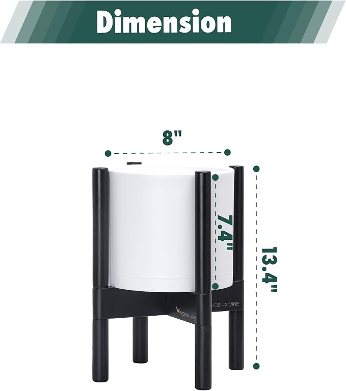 D'vine Dev Plastic Pot with Ebony Wood Stand, White, 8 in, 55-C-K-1 | Mid-Century Inspired Design, Elevated Plant Display, Clean Lines, Sturdy Support, Modern Space-Saving Style