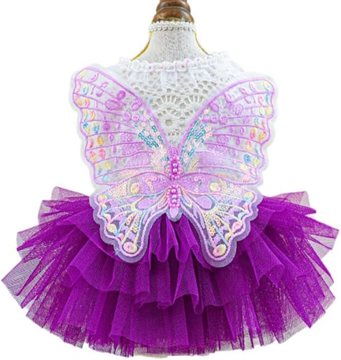 ANIAC Butterfly Dog Dress with Purple Tutu Funny Dog Clothes with Wing Girl Puppy Dress for Small Dogs Pet Butterfly Costume Holiday Cat Outfit for Halloween Birthday Wedding (Purple, X-Small)