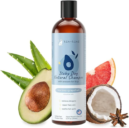 kin+kind Itchy Dog Natural Dog Shampoo - Gentle Clean for Itchy Skin - Avocado Oil - Tea Tree & Grapefruit Fragrance - 12 fl oz