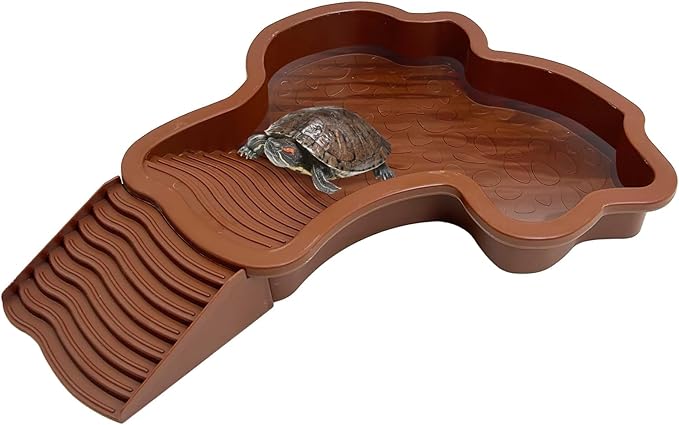 PINVNBY Large Reptile Bathing Pool Tortoise Water Dish with Removable Ramp and Leaf Reptile Food Dish & Water Bowl Tortoise Habitat Accessories for Turtle Lizard Gecko Snake (Red)