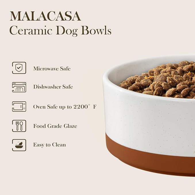 MALACASA Ceramic Dog Bowls Small Size Dog with Wood Stand, 1.5-Cup Ceramic Puppy Bowls for Cats & Small Dogs, Dual Food and Water Bowls with Weighted Non-Slip Base, Glaze Matte,14 Oz