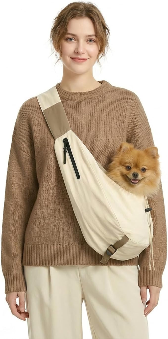 Dog Carrier Sling for Small Dogs/Cats Up to 15 lbs - Multi-Pocket Oxford Pet Sling Carrier Bag with Adjustable Strap (Beige)