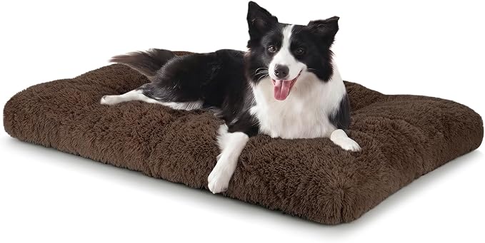 JOEJOY Large Dog Bed Crate Pad, Deluxe Plush Washable Dog Beds Fulffy Soft Kennel Pad Anti-Slip Pet Sleeping Mat for Large Medium Small Dogs, 35" x 23", Brown