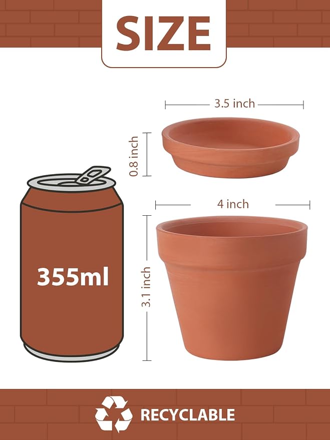 INGOFIN 4 Inch Terracotta Pots with Saucers, 8 Pack Shallow Clay Plant Pots with Drainage Holes for Succulents, Cactus, Herbs, Small Terra Cotta Pots for Indoor Outdoor, Set of 8