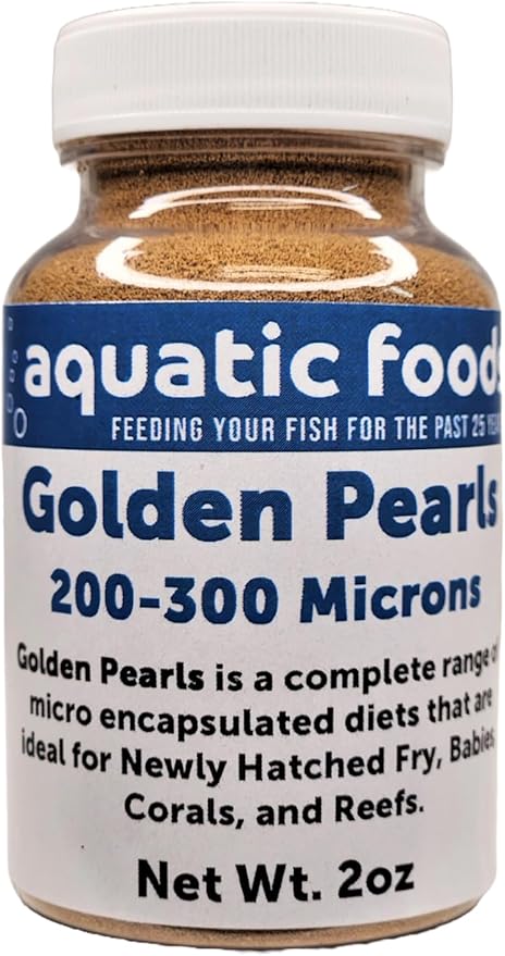 Aquatic Foods Inc. Golden Pearls 200-300 Micron Size for Fry, Babies of Shrimp, Axolotls, Discus, Cichlids, Catfish, Tetras, Angel Fish, Guppies, Bettas, Goldfish, Corals, Reefs…2oz Bottle