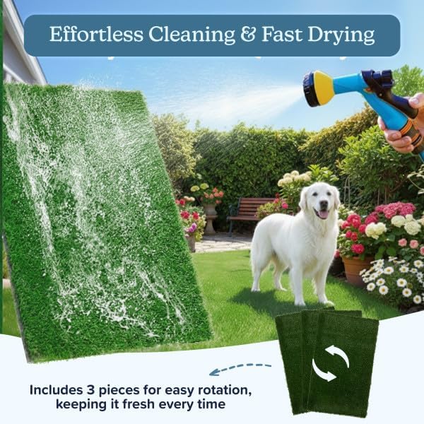 PETMAKER Artificial Grass Puppy Pee Pad for Dogs, Set of 3, 47” x 27” | Reusable Turf Pads for Large Dogs, Indoor and Outdoor Fake Grass Potty, Pet Housebreaking Supplies
