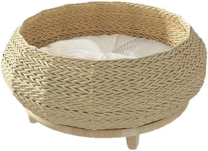 SHENGOCASE Extra Large Handwoven Paper Rope Wicker Rattan Pet Cat Dog Nest Basket Bed, Elevated Couch with Wooden Base, Cozy Cushion for Maine Coon, Indoor