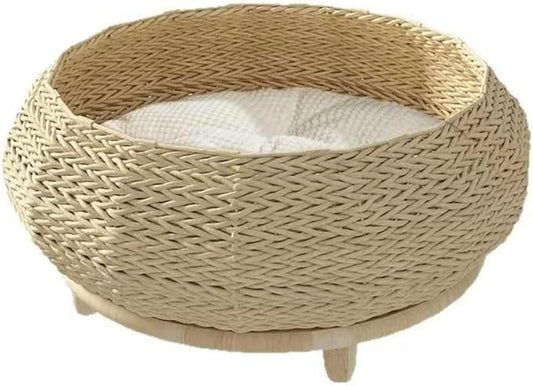 SHENGOCASE Extra Large Handwoven Paper Rope Wicker Rattan Pet Cat Dog Nest Basket Bed, Elevated Couch with Wooden Base, Cozy Cushion for Maine Coon, Indoor