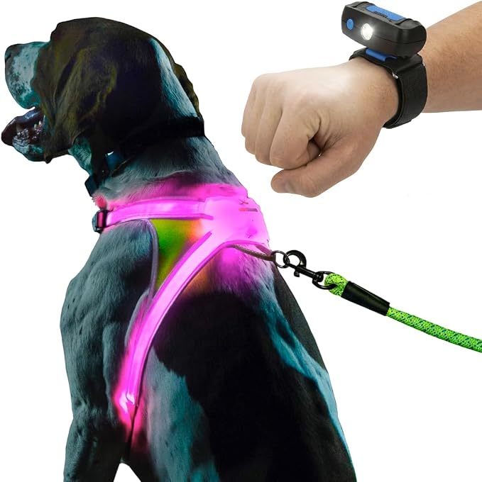 noxgear LightHound Light Up Reflective Dog Harness and Wrist Light, Large | 360° Light Up Reflective Dog Harness, 8 Colors & 6 Modes, USB Rechargeable, Adjustable, Rainproof, LED Fiber Optic