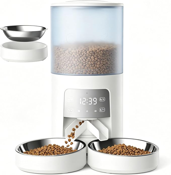 Sweetcrispy Automatic Cat Feeder for 2 Cats, 6L Automatic Pet Feeder, White | 25.3 Cups, 2 Stainless Bowls, Programmable Schedule, 6 Meals/Day, 50 Portions/Meal, Dual Power Supply, 10s Meal Call