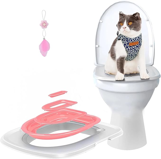 Cat Toilet Training Systems,Cat Toilet Training Kit,Reusable Plastic Trainer for Pet Cleaning with 1 Replaceable Cat Feather Toy,Litter Boxes (Pink)