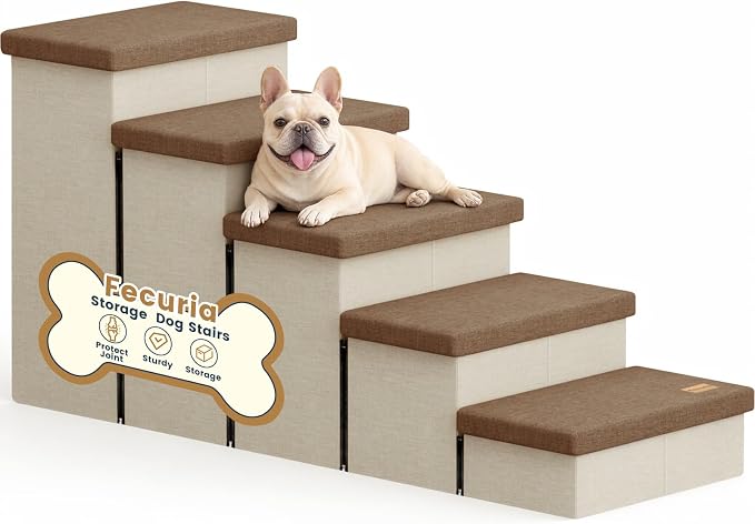 5-Step Wide Dog Stairs with Storage 23" H, Non-Slip Sturdy Pet Steps for High Bed Window, Pet Stairs for Small/Medium/Large Old Dogs Cats Up to 220lbs, Cat Dog Steps for Car, Beige&Brown Lid